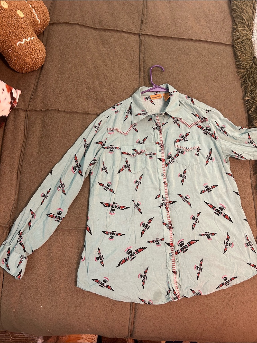 Wrangler Mint Green Western Button-Down Shirt with Red & Black Pattern